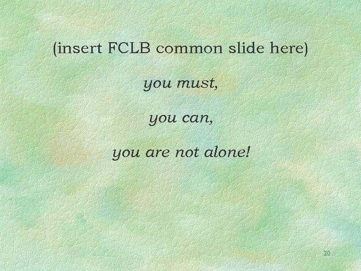 (insert FCLB common slide here) you must, you can, you are not alone! 20