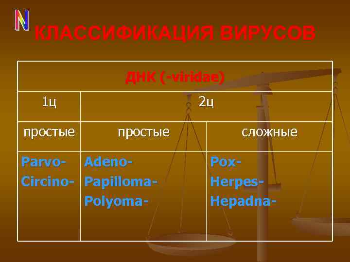 КЛАССИФИКАЦИЯ ВИРУСОВ ДНК (-viridae) 1 ц простые Parvo. Circino- 2 ц простые Adeno. Papilloma.