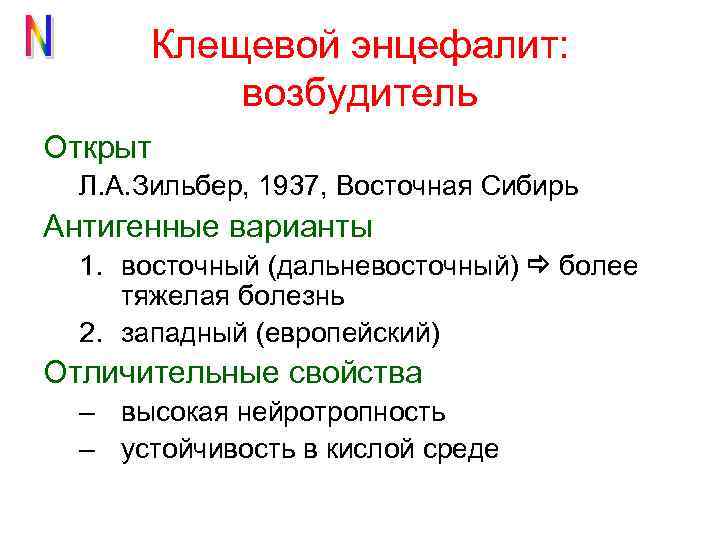 Клещевой энцефалит: возбудитель Открыт Л. А. Зильбер, 1937, Восточная Сибирь Антигенные варианты 1. восточный