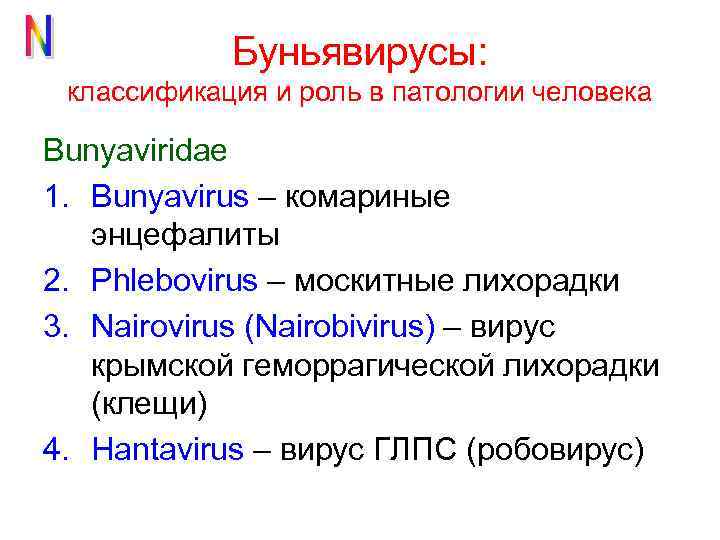 Буньявирусы: классификация и роль в патологии человека Bunyaviridae 1. Bunyavirus – комариные энцефалиты 2.