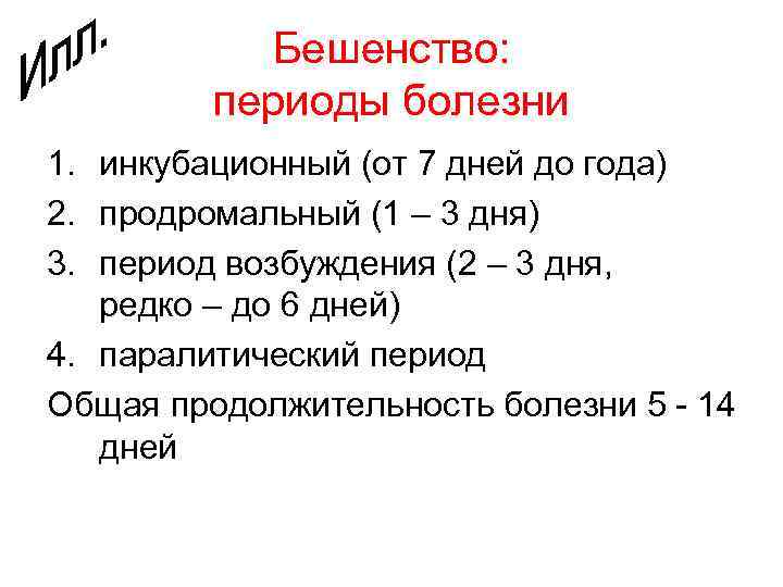 Бешенство: периоды болезни 1. инкубационный (от 7 дней до года) 2. продромальный (1 –