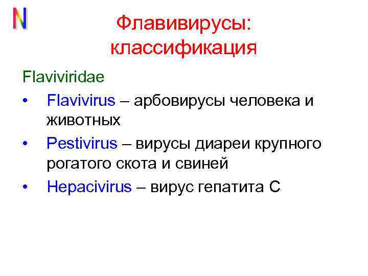 Флавивирусы: классификация Flaviviridae • Flavivirus – арбовирусы человека и животных • Pestivirus – вирусы