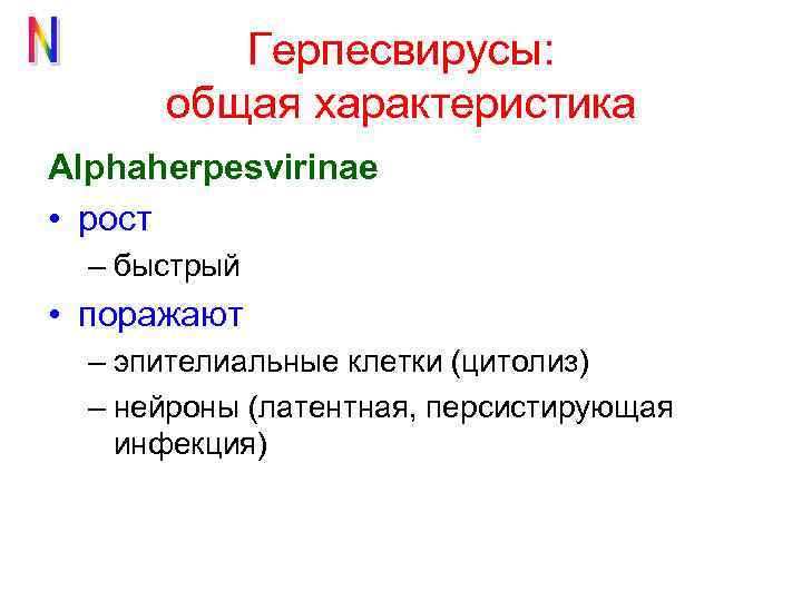 Герпесвирусы: общая характеристика Alphaherpesvirinae • рост – быстрый • поражают – эпителиальные клетки (цитолиз)