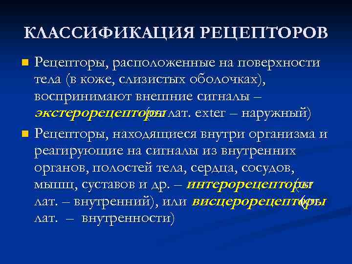 КЛАССИФИКАЦИЯ РЕЦЕПТОРОВ Рецепторы, расположенные на поверхности тела (в коже, слизистых оболочках), воспринимают внешние сигналы