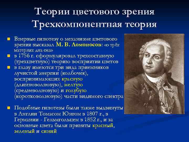 Теории цветового зрения Трехкомпонентная теория n Впервые гипотезу о механизме цветового зрения высказал М.