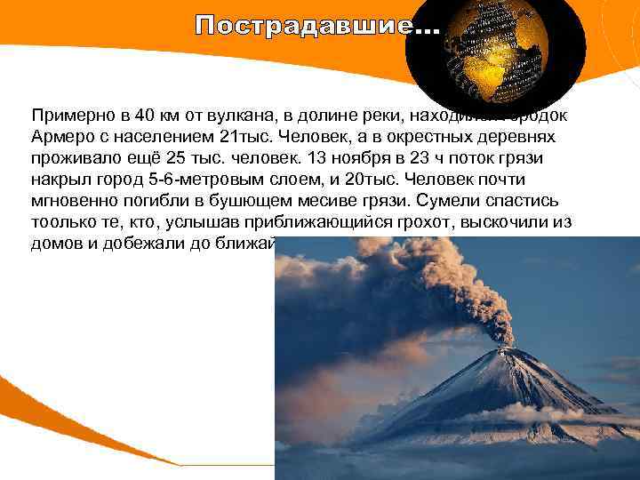 Пострадавшие… Примерно в 40 км от вулкана, в долине реки, находился городок Армеро с