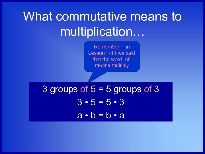 What commutative means to multiplication… Remember… in Lesson 1 -11 we said that the