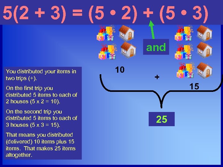 5(2 + 3) = (5 • 2) + (5 • 3) and You distributed