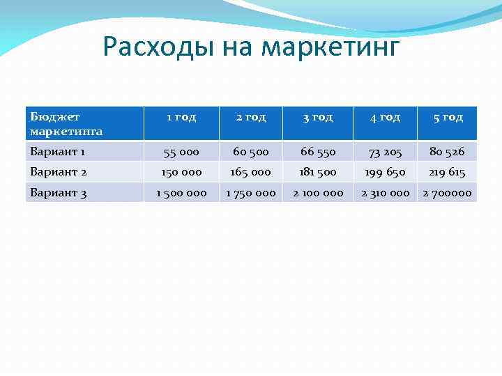 Расходы на маркетинг Бюджет маркетинга 1 год 2 год 3 год 4 год 5