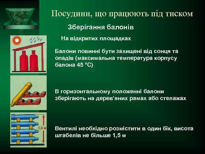 Посудини, що працюють під тиском Зберігання балонів На відкритих площадках Балони повинні бути захищені