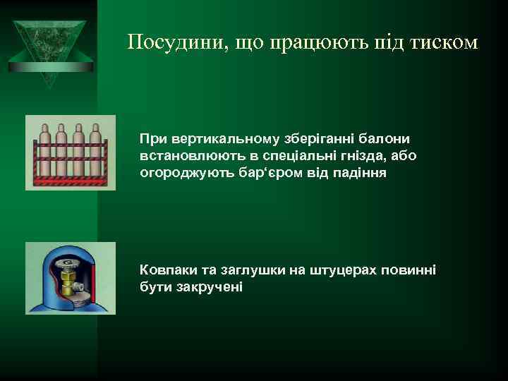 Посудини, що працюють під тиском При вертикальному зберіганні балони встановлюють в спеціальні гнізда, або