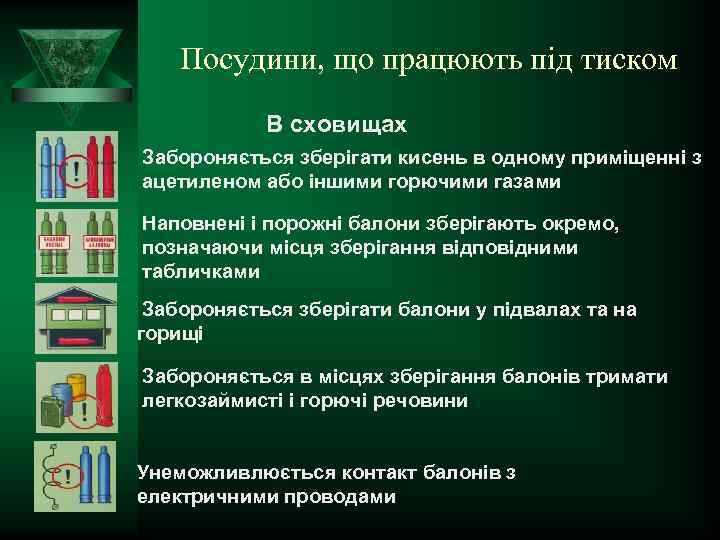 Посудини, що працюють під тиском В сховищах Забороняється зберігати кисень в одному приміщенні з