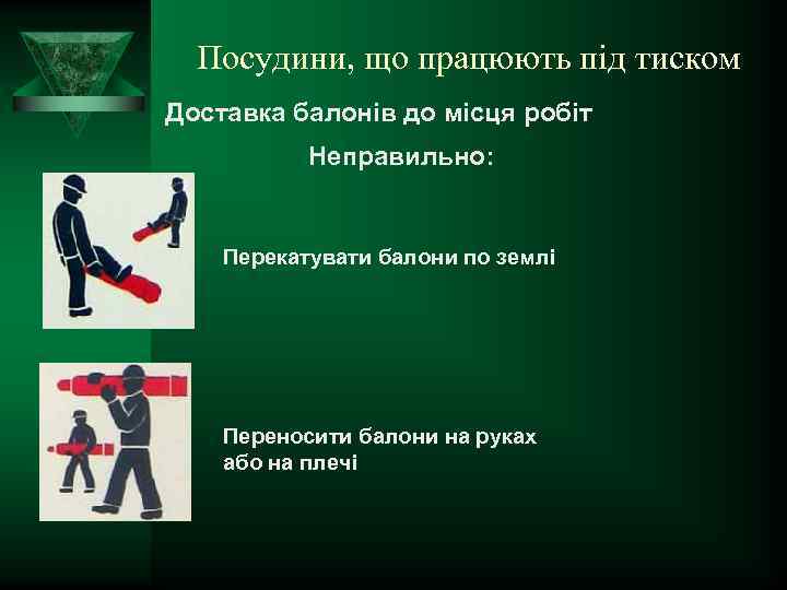 Посудини, що працюють під тиском Доставка балонів до місця робіт Неправильно: Перекатувати балони по