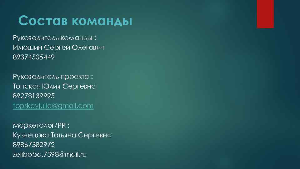 Состав команды Руководитель команды : Илюшин Сергей Олегович 89374535449 Руководитель проекта : Топская Юлия