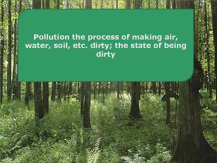 Pollution the process of making air, water, soil, etc. dirty; the state of being