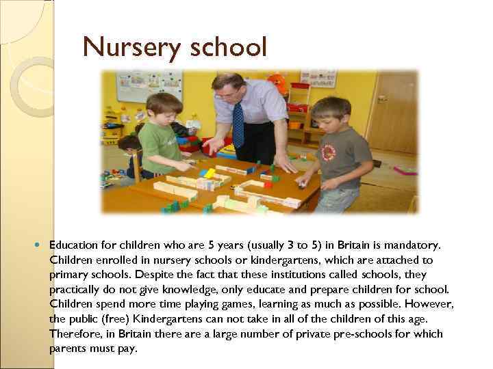 Nursery school Education for children who are 5 years (usually 3 to 5) in