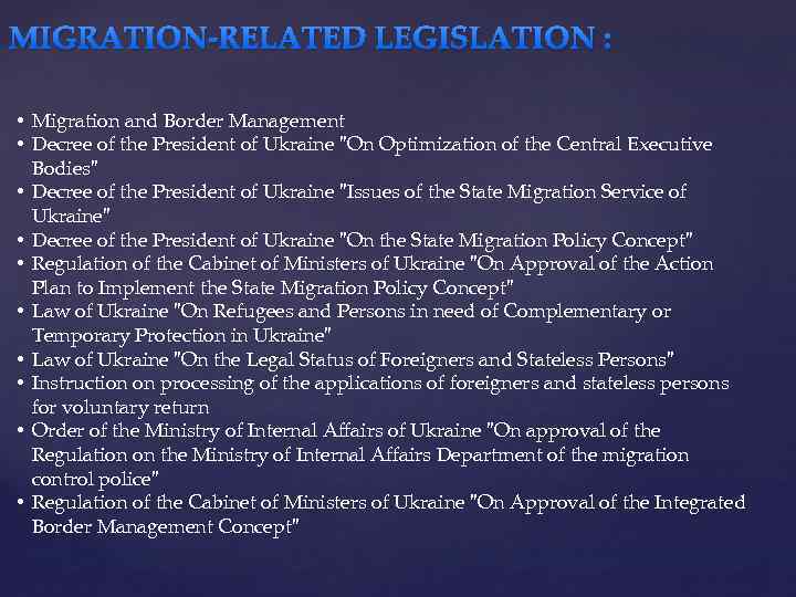 MIGRATION-RELATED LEGISLATION : • Migration and Border Management • Decree of the President of