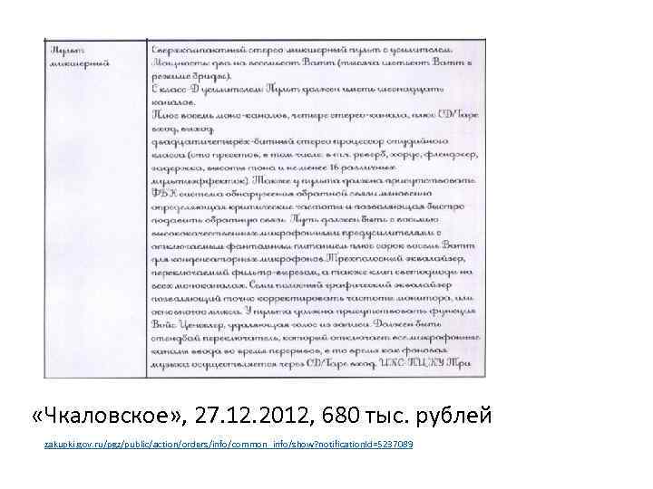  «Чкаловское» , 27. 12. 2012, 680 тыс. рублей zakupki. gov. ru/pgz/public/action/orders/info/common_info/show? notification. Id=5237089