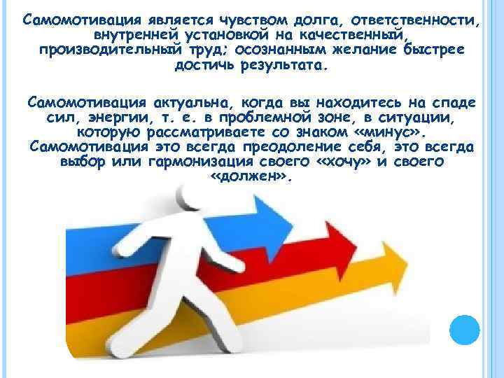 Самомотивация является чувством долга, ответственности, внутренней установкой на качественный, производительный труд; осознанным желание быстрее