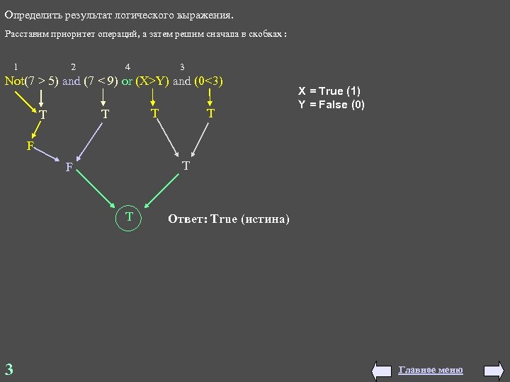 Определить результат логического выражения. Расставим приоритет операций, а затем решим сначала в скобках :