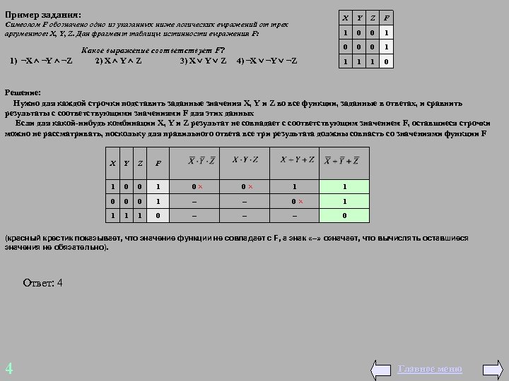 Пример задания: X Какое выражение соответствует F? 1) ¬X ¬Y ¬Z 2) X Y