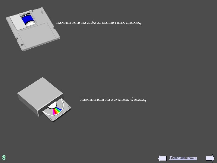 накопители на гибких магнитных дисках; накопители на компакт-дисках; 8 Главное меню 