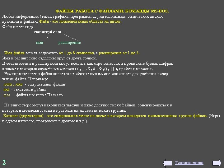  ФАЙЛЫ. РАБОТА С ФАЙЛАМИ. КОМАНДЫ MS-DOS. Любая информация (текст, графика, программы. . .