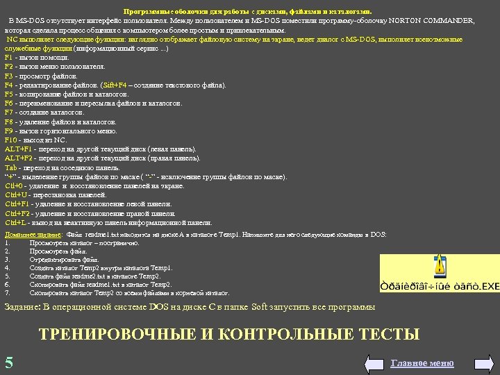 Программные оболочки для работы с дисками, файлами и каталогами. В MS-DOS отсутствует интерфейс пользователя.