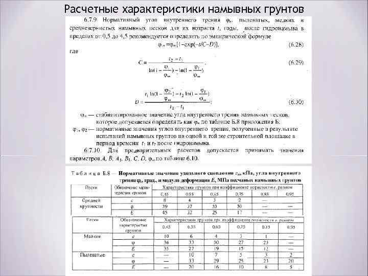 Расчетные характеристики намывных грунтов 