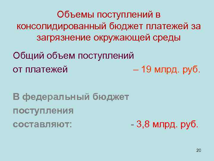 Объемы поступлений в консолидированный бюджет платежей за загрязнение окружающей среды Общий объем поступлений от