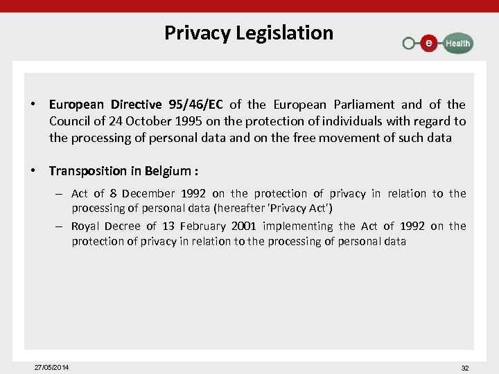 Privacy Legislation • European Directive 95/46/EC of the European Parliament and of the Council