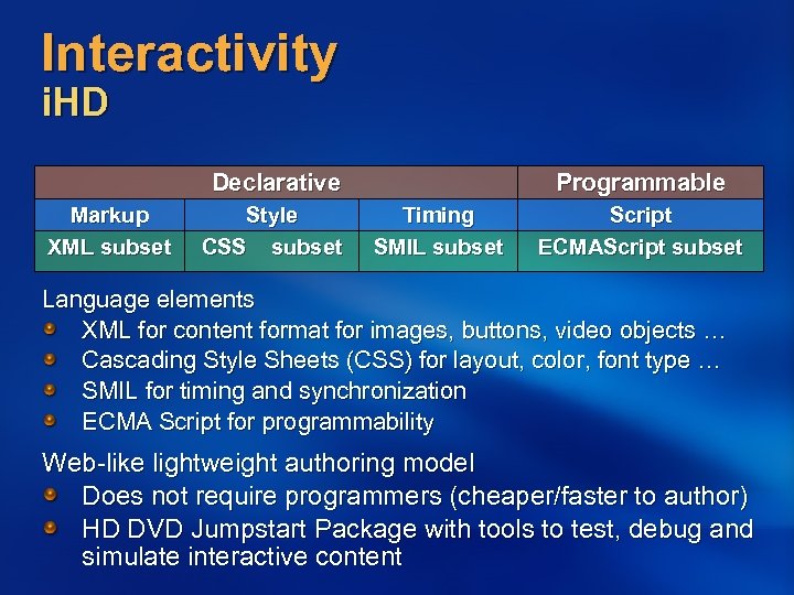 Interactivity i. HD Declarative Markup XML subset Style CSS subset Programmable Timing SMIL subset