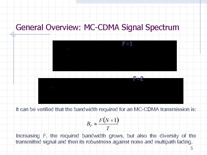 General Overview: MC-CDMA Signal Spectrum F=1 F=2 It can be verified that the bandwidth