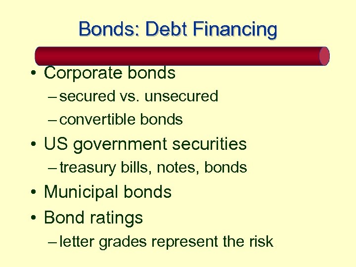 Bonds: Debt Financing • Corporate bonds – secured vs. unsecured – convertible bonds •