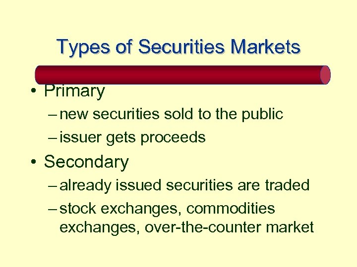 Types of Securities Markets • Primary – new securities sold to the public –