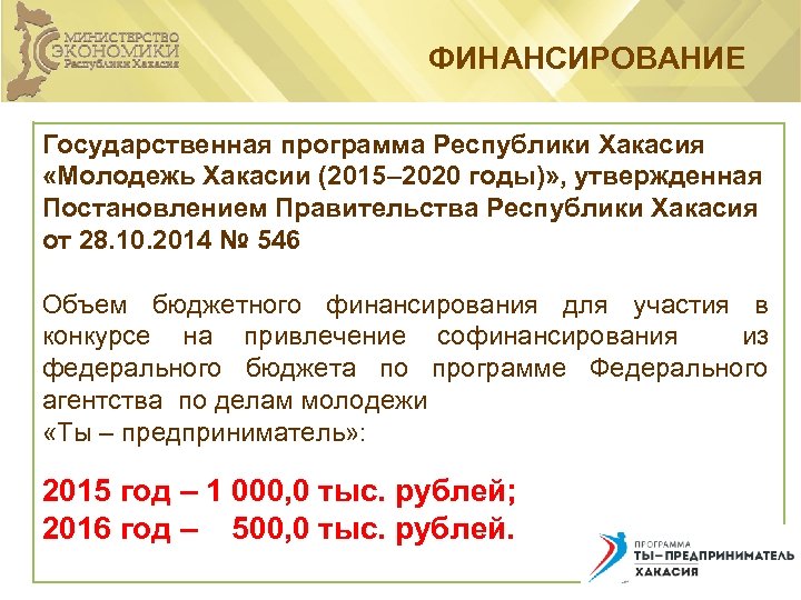 ФИНАНСИРОВАНИЕ Государственная программа Республики Хакасия «Молодежь Хакасии (2015– 2020 годы)» , утвержденная Постановлением Правительства