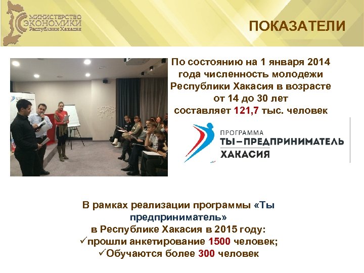 ПОКАЗАТЕЛИ По состоянию на 1 января 2014 года численность молодежи Республики Хакасия в возрасте