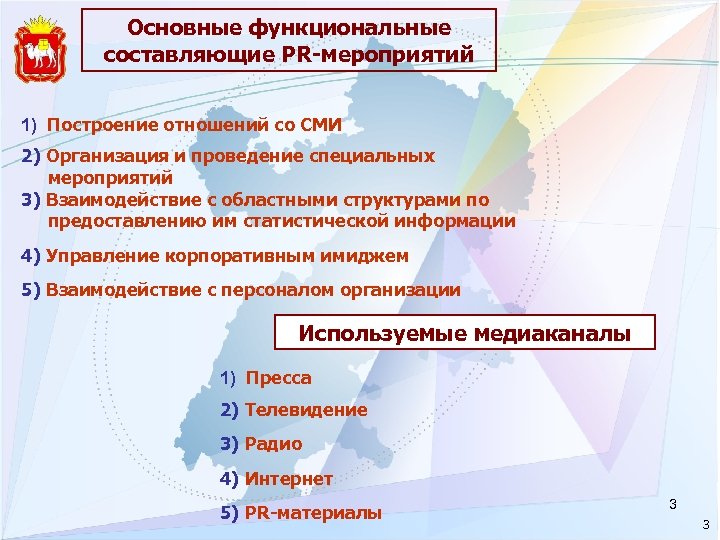 Основные функциональные составляющие PR-мероприятий 1) Построение отношений со СМИ 2) Организация и проведение специальных