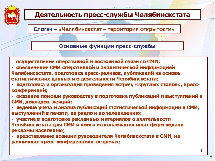 Деятельность пресс-службы Челябинскстата Слоган – «Челябинскстат – территория открытости» Основные функции пресс-службы - осуществление