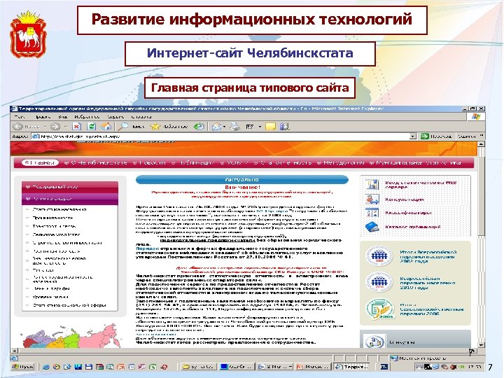 Развитие информационных технологий Интернет-сайт Челябинскстата Главная страница типового сайта 7 7 