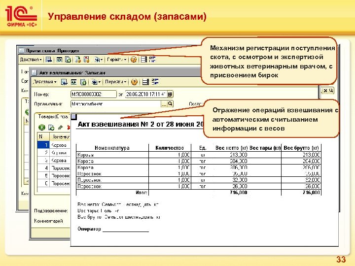 Управление складом (запасами) Механизм регистрации поступления скота, с осмотром и экспертизой животных ветеринарным врачом,