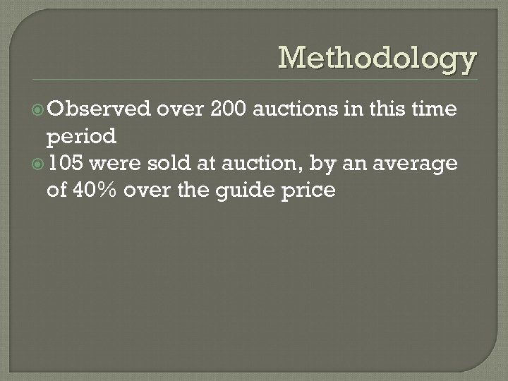 Methodology Observed over 200 auctions in this time period 105 were sold at auction,