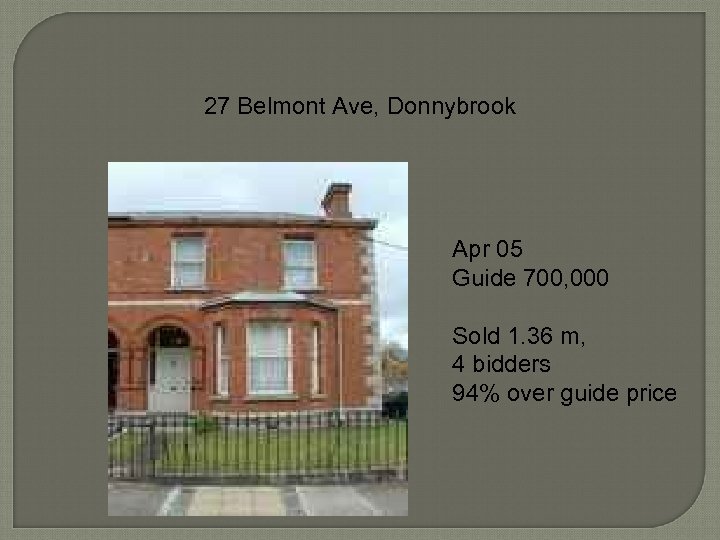 27 Belmont Ave, Donnybrook Apr 05 Guide 700, 000 Sold 1. 36 m, 4