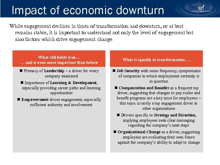 Impact of economic downturn While engagement declines in times of transformation and downturn, or
