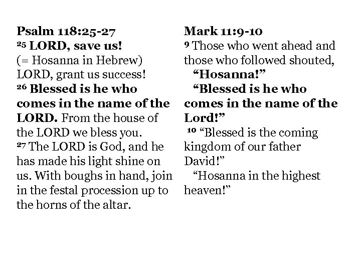 Psalm 118: 25 -27 25 LORD, save us! (= Hosanna in Hebrew) LORD, grant