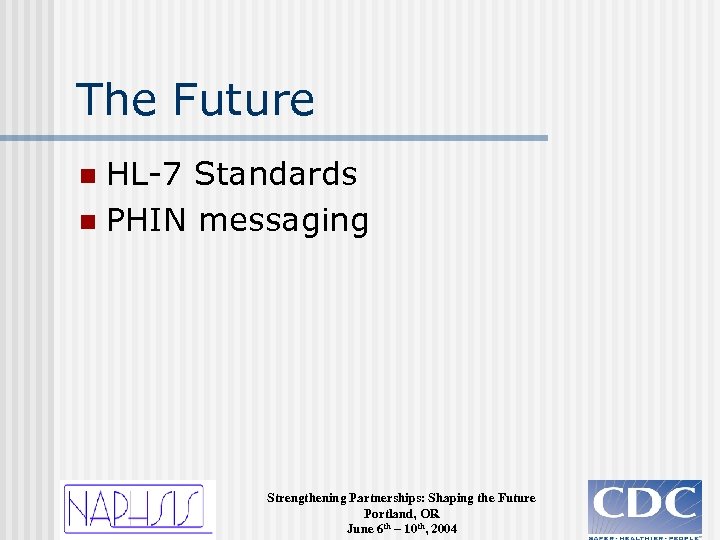 The Future HL-7 Standards n PHIN messaging n Strengthening Partnerships: Shaping the Future Portland,