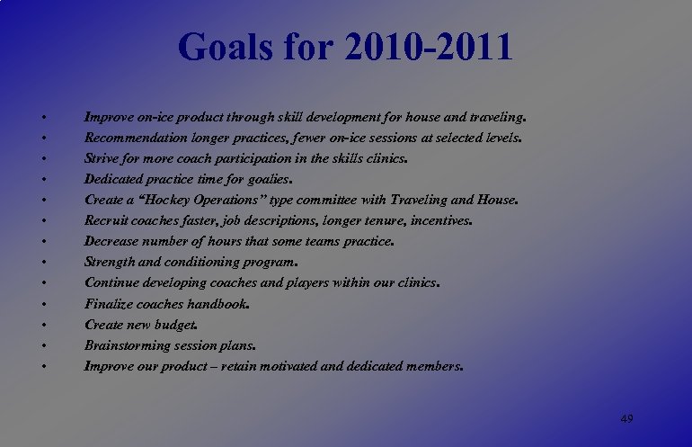 Goals for 2010 -2011 • • • • Improve on-ice product through skill development