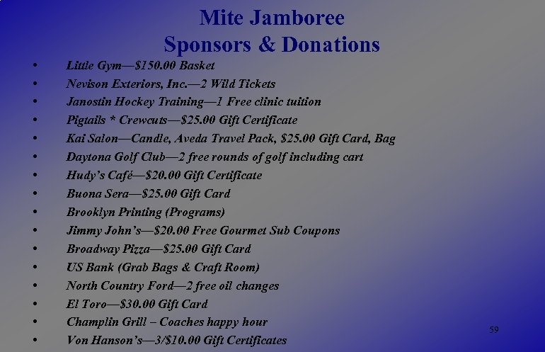 Mite Jamboree Sponsors & Donations • • • • Little Gym—$150. 00 Basket Nevison