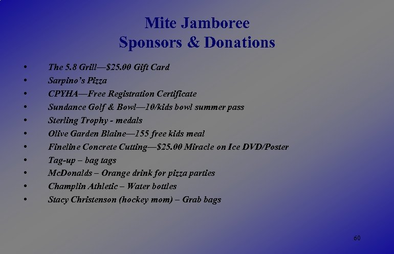 Mite Jamboree Sponsors & Donations • • • The 5. 8 Grill—$25. 00 Gift