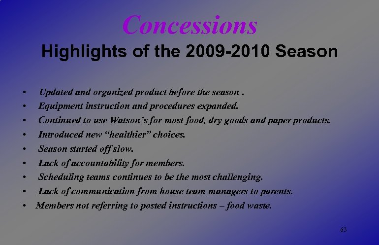 Concessions Highlights of the 2009 -2010 Season Updated and organized product before the season.